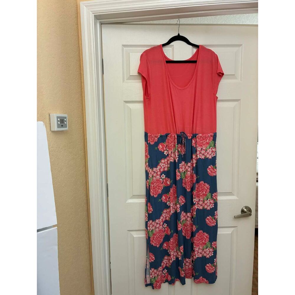 Serra‎ Coral Floral Maxi Dress XL Short Sleeve Drawstring Waist Boho
